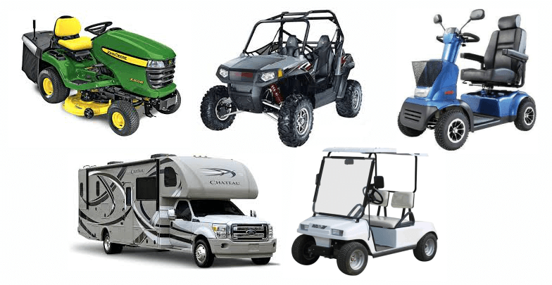 Recreational Vehicles such as Mowers, ATVs, mobility scooters and caravans