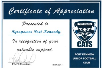 Port Kennedy Cats girls junior football AFL team certificate of appreciation